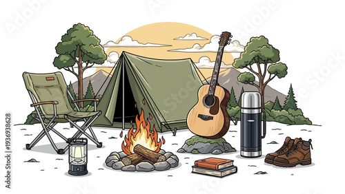 Camping Adventure: Tent, Guitar, Campfire, Chair, Boots, Thermos, Books