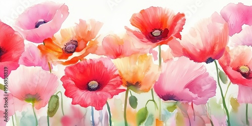 Watercolor painting of pink and red poppy flowers on light background