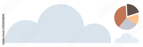 Cloud storage, data management, analytics, technology visualization, cloud infrastructure, business insights. Large cloud shape and pie chart. Cloud storage and data analytics concept