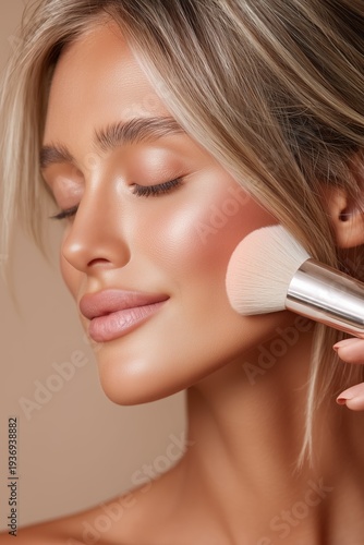 Wallpaper Mural Beautiful Woman Applying Blush with Makeup Brush Close Up Torontodigital.ca