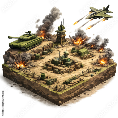 isometric battlefield with military action, isometric war scene illustration, 3D battlefield graphic, isometric combat zone design, miniature army battle art, isometric military strategy illustration,