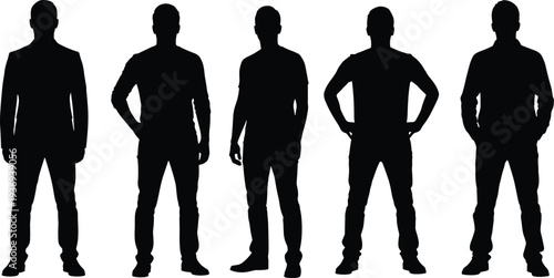 Five standing male silhouettes in casual and business poses isolated on white background minimalist vector illustration for corporate branding marketing projects