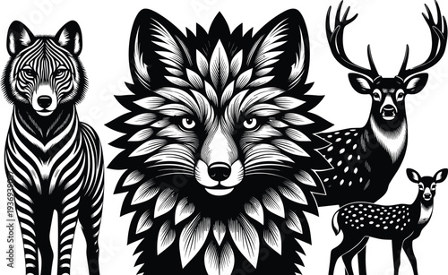 Black and white vector illustration set featuring a stylized zebra patterned wolf, geometric fox head, and elegant spotted deer with antlers for creative designs.