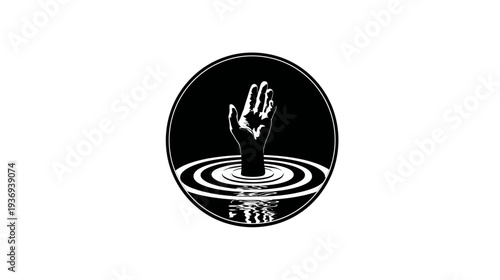 A black and white circular design showing a hand reaching out of water