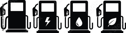 Fuel station pump icons set isolated on white background gasoline electric biofuel energy supply flat vector illustration collection