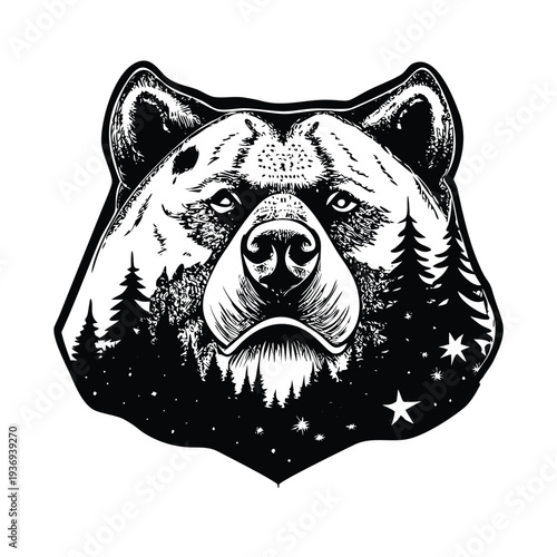 Bear Head Forest Double Exposure T-shirt Design Tattoo Vector Illustration