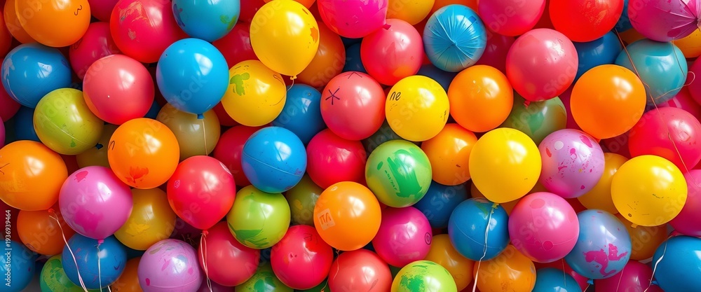 Obraz premium Vibrant painted balloons forming an abstract backdrop, festive, bright