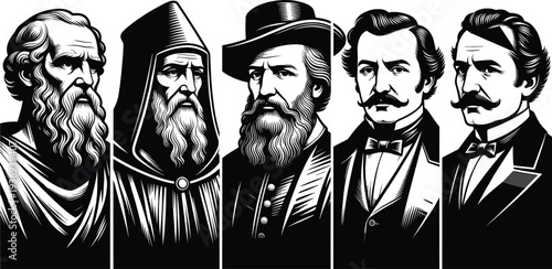 Black and white woodcut style illustration featuring five portraits of historical philosophers and scholars from ancient antiquity to the nineteenth century era