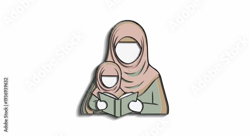A mother and child wearing hijabs read a book together, symbolizing education and family bonding in Islamic culture.