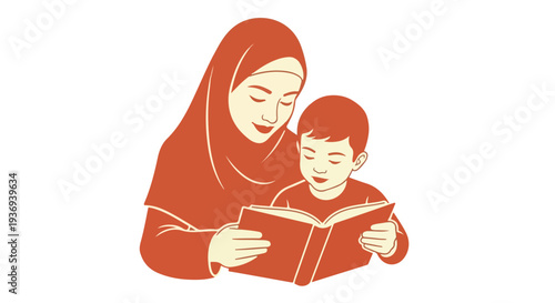 A Muslim mother wearing a hijab reads a book with her young son, fostering education and family bonding.