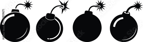 Cartoon Bomb Silhouette Vector Icons – Classic Round Bomb Illustrations with Fuse .