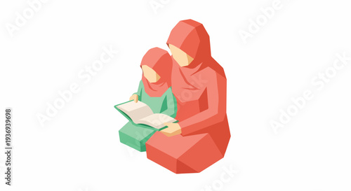 A Muslim mother and her young daughter share a heartwarming moment reading a book together, illustrating family bonding and education.