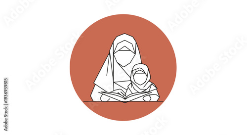 A beautiful minimalist illustration depicts a Muslim mother and her daughter sharing a moment of quiet study, fostering knowledge and cultural heritage.