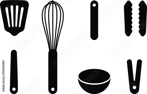 Black minimalist kitchen utensil icons set including spatula whisk ladle tongs and bowl flat vector silhouettes isolated on white background for culinary design