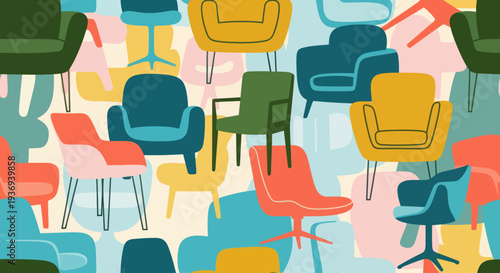 Seamless pattern with colorful mid-century modern chairs on a light background.