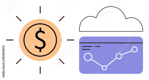 Finance, business analytics, data storage, digital economy, investment, cloud technology. A dollar sign in a sunburst and a cloud-connected growth chart graph. Finance and business analytics concept