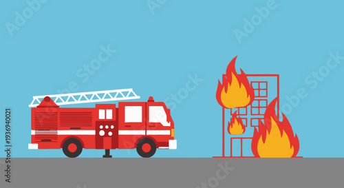 Red fire truck responding to a burning building fire illustration
