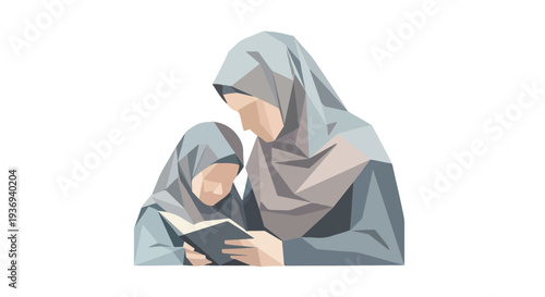 Loving mother and daughter wearing hijabs read a book together, representing education and family bonds.