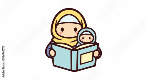 A mother and child wearing hijabs read a book together, symbolizing education and family bonding in a heartwarming illustration.