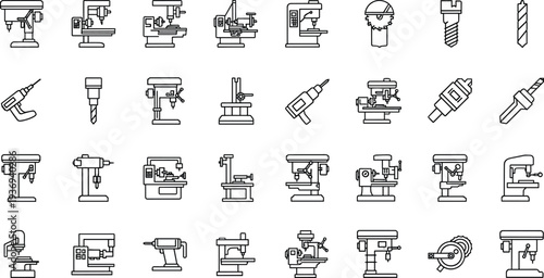 Industrial Machine Tools Icon Set with Drill Press, Milling Machine, Lathe and Cutting Equipment Line Vector Illustration Isolated on White Background for Manufacturing and Engineering Design