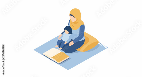 A Muslim mother wearing a hijab reads a book to her child, fostering a peaceful and educational moment together.