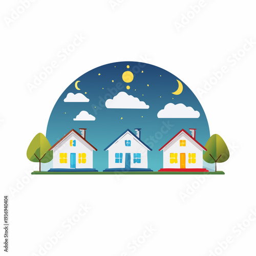 Cozy suburban houses under a starry night sky.