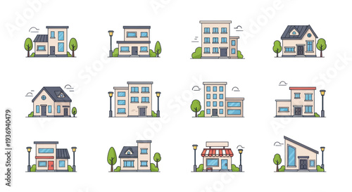 Collection of flat design houses and buildings with trees.