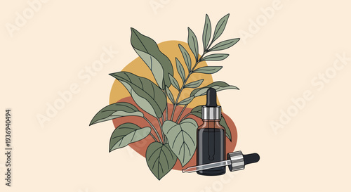 Illustration of a dropper bottle with botanical elements and abstract shapes
