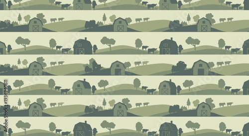 Seamless pattern of a peaceful rural farm landscape with barns and grazing cows.