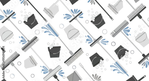 Seamless pattern of cleaning supplies and household tools for a fresh home.