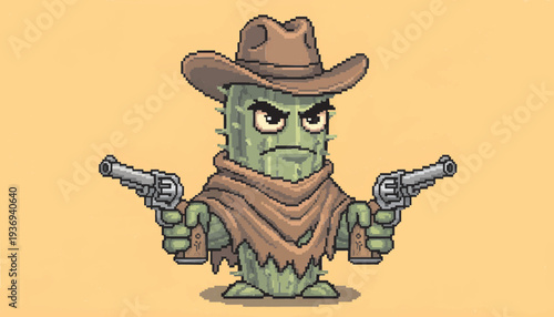 Angry Cactus Cowboy Gunslinger with Dual Revolvers