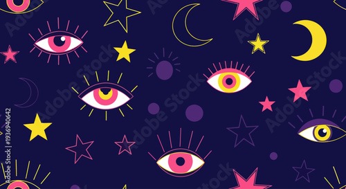 Mystical eye seamless pattern with stars and moons on a dark background.