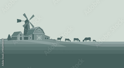 Rural farm scene with grazing animals and windmill