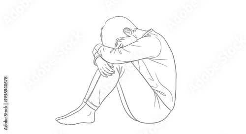 Depressed young man sitting on floor with head on knees line art illustration