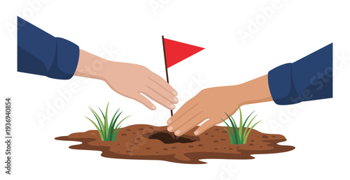 Two hands planting  red flag in soil mound with green grass, symbolizing accomplishment