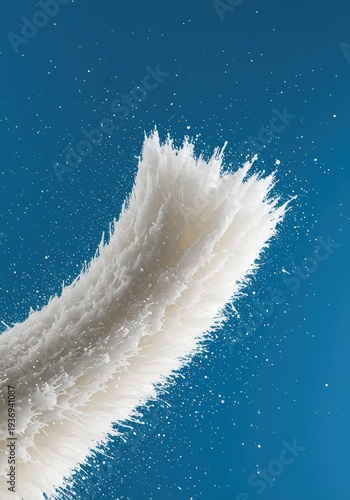 Dynamic high-speed close-up of pure white material frozen mid-air, resembling a powerful jump or burst of energy on a bright background ,light ,form ,clean