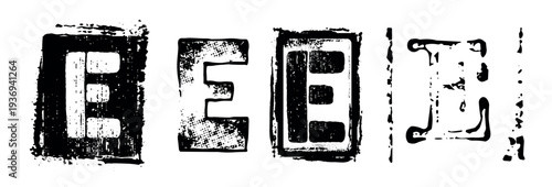 Uppercase Letter E variations in Grunge Stamp style. Black Retro Typography elements for Collage and Poster Design