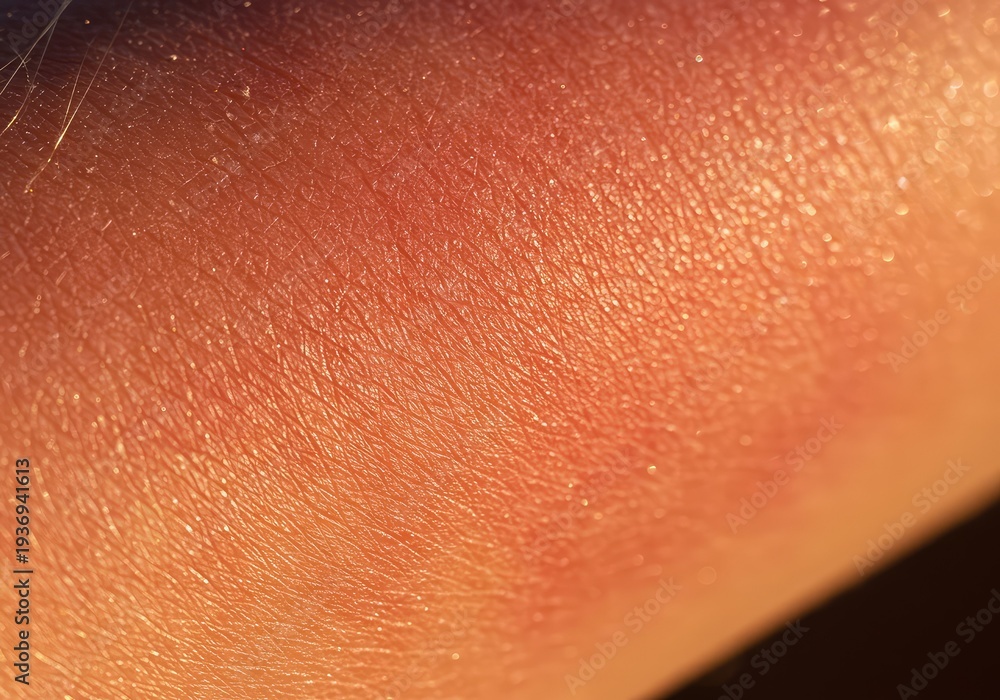 Fototapeta premium Extreme close-up of severely sunburnt skin, displaying painful redness and early signs of peeling damage from intense summer heat exposure ,close-up ,heat ,burnt