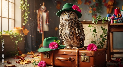 An owl wearing a green hat and flowers sits atop a vintage suitcase