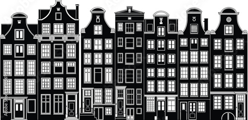 Amsterdam canal houses skyline, Dutch traditional architecture buildings row, historic European city facade vector illustration