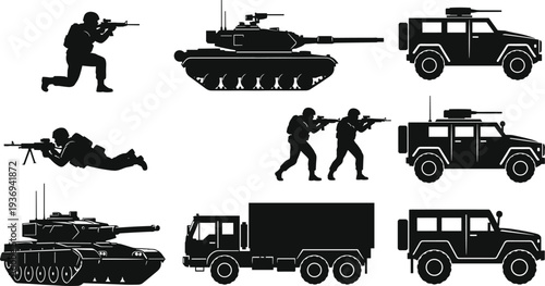 Military silhouettes set with soldiers tanks armored vehicles and trucks illustration representing army defense warfare combat equipment isolated vector icons