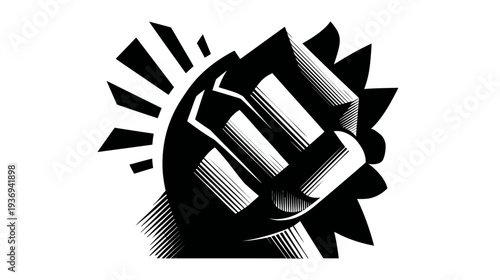 Bold, graphic depiction of a clenched fist radiating light, symbolizing strength and unity