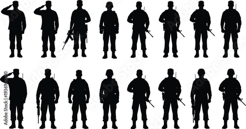 Military soldier silhouette illustration set showing armed army personnel in different standing poses, black vector icons for defense, security, and tactical design use