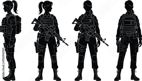 Black silhouette female soldier character sheet with tactical gear holding assault rifle in multiple poses including side view and front view for game design