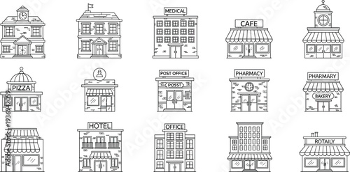 City buildings and shops collection, small business storefront icons set, urban architecture outline vector illustration bundle