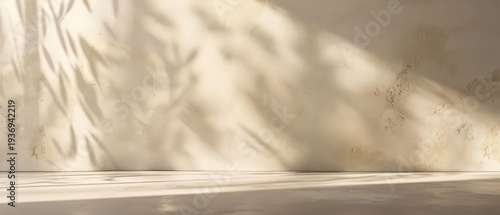 Panel kuchenny z motywem Warm beige wall with subtle texture and organic leaf shadows cast by sunlight. Minimal interior with soft natural light, ideal for product mockups, branding, design backdrops, or presentations.