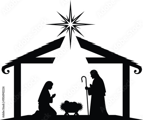 Nativity scene silhouette illustration showing Mary, Joseph, baby Jesus in manger with Bethlehem star, black vector Christmas religious artwork for holiday design use