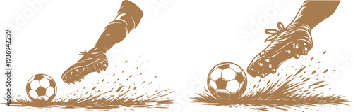 Powerful Soccer Kick Striking Ball on Grass Field, Dynamic Football Action Sports Illustration.