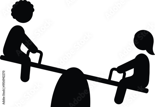 Black silhouette icon of two young children playing on a seesaw at a playground representing childhood fun, balance, friendship, and outdoor recreational activity