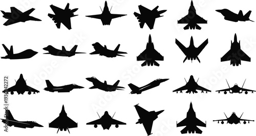 Military fighter jet silhouette collection vector illustration featuring modern combat aircraft, stealth planes, aviation shapes, black flat design, isolated air force icons